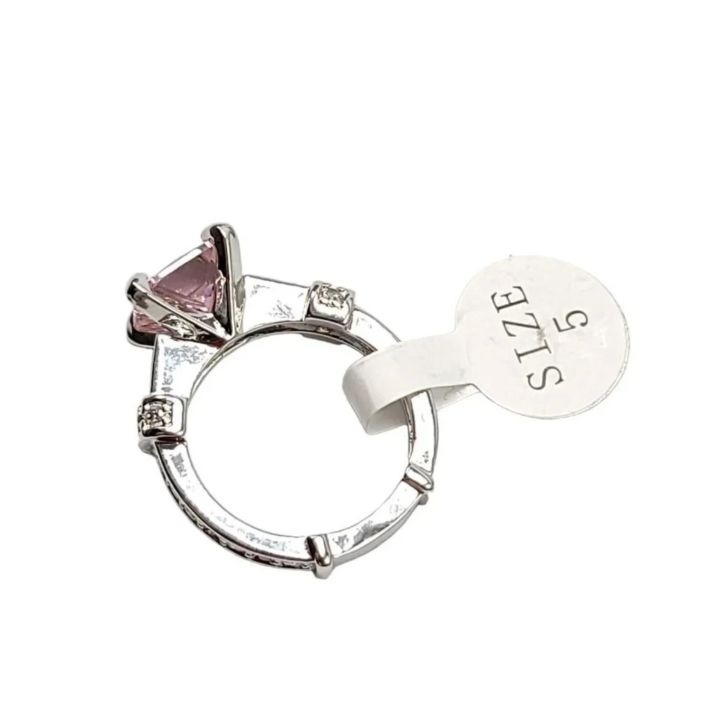 Pink Princess Cut Glass Rhinestone CZ Silver Plated Cocktail Ring Size 5